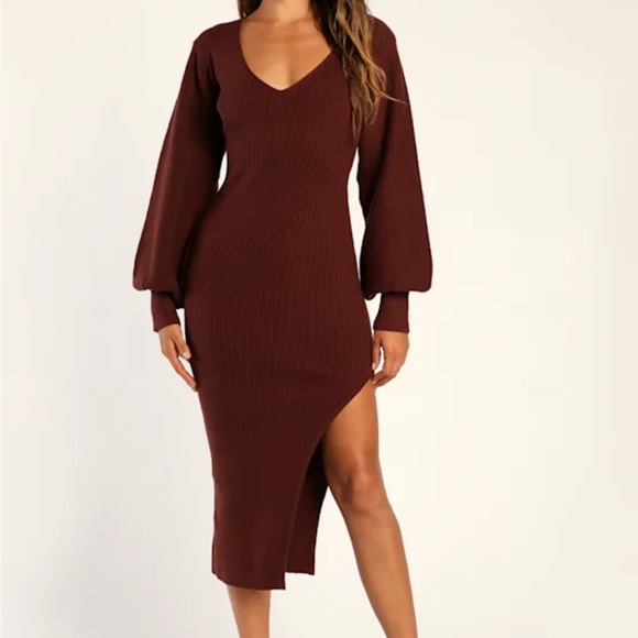 Lulus Dresses & Skirts - Lulus Autumn Darling Chocolate Brown Balloon Sleeve Midi Knit Sweater Dress